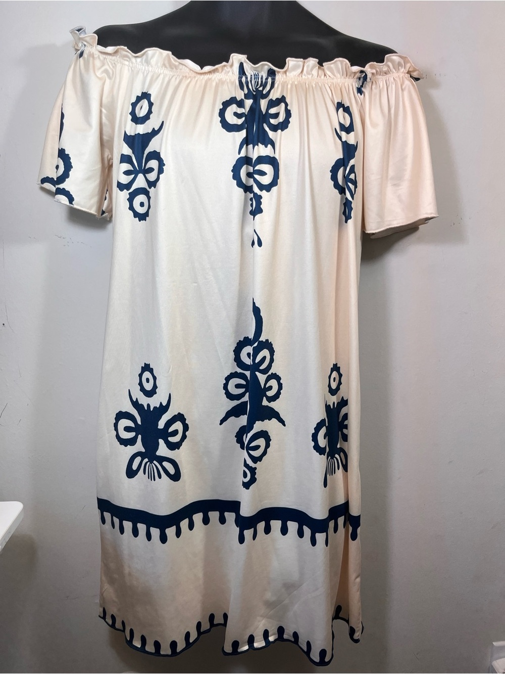 Off-Shoulder Dress with Navy Blue Floral Motif